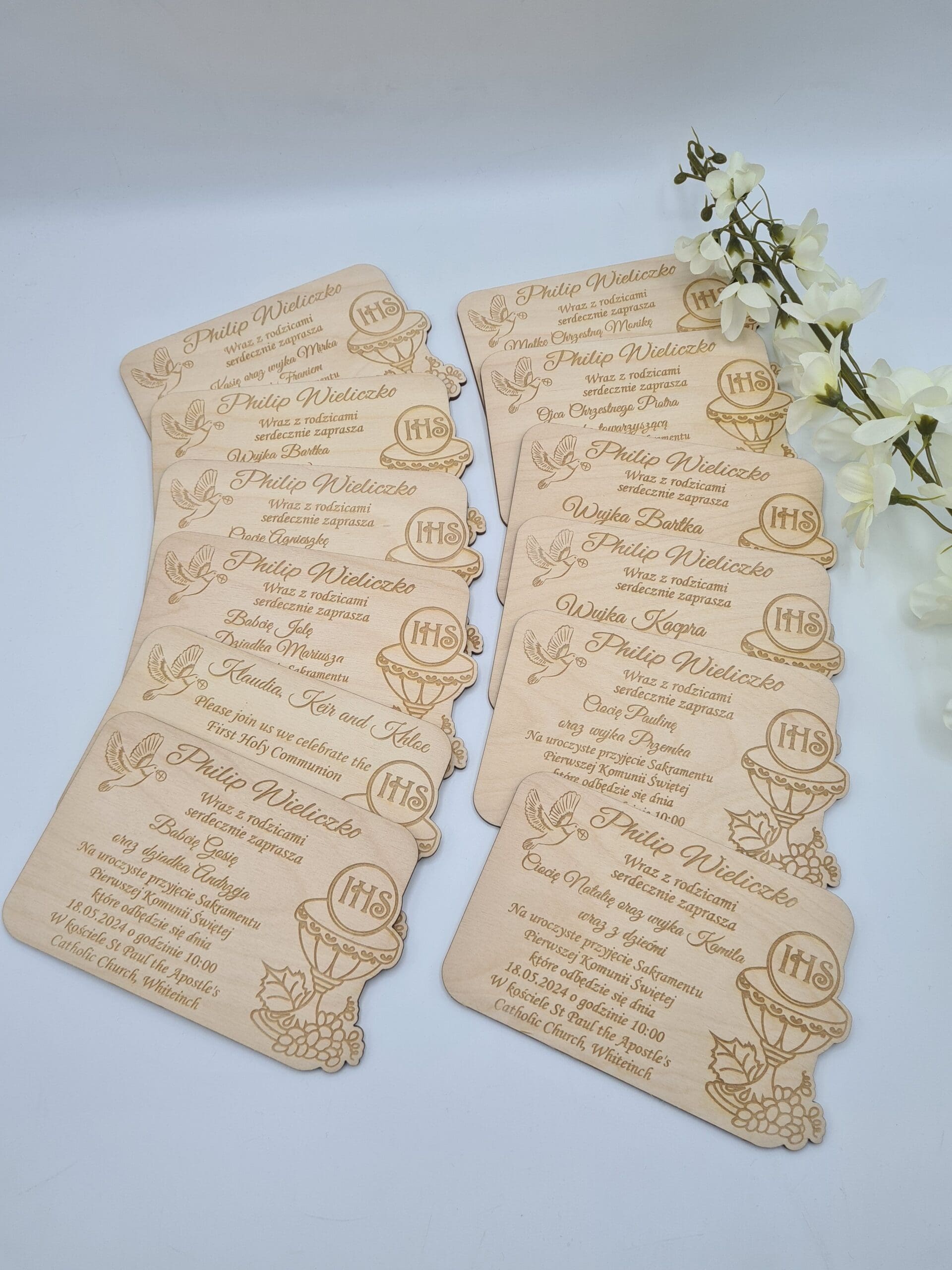 Zaproszenie na Pierwszą Komunię Świętą – Drewniane, Personalizowane