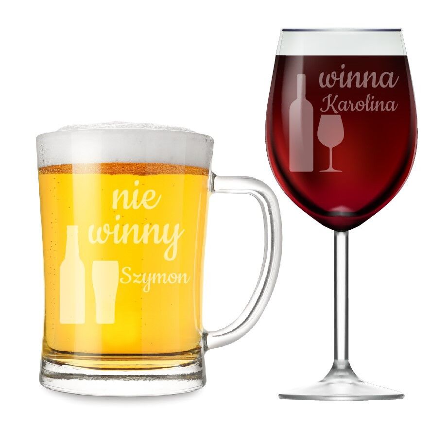 Kieliszek do wina i kufel na piwo z grawerem Nie winny / Winna - Prezent dla pary