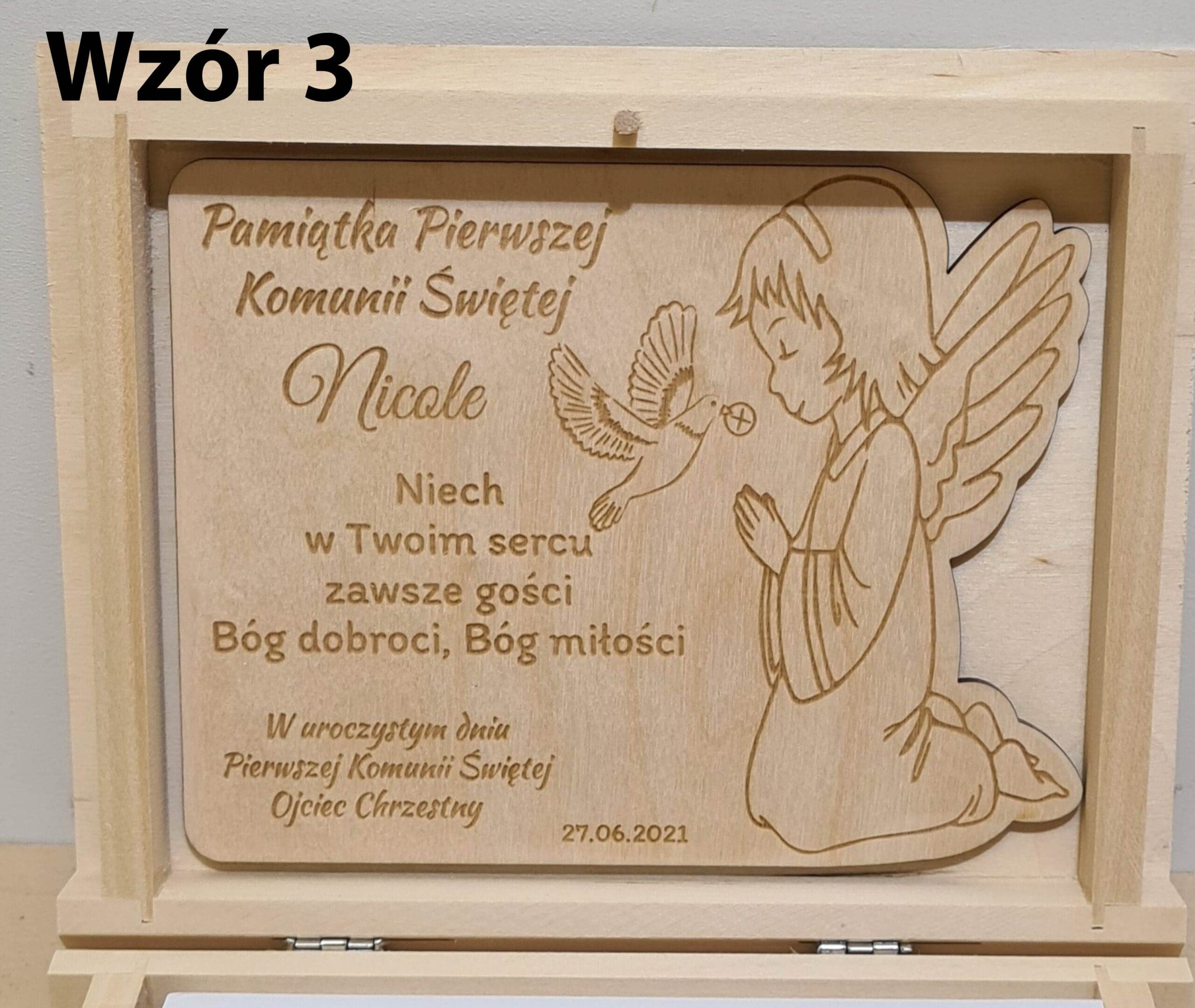 Prewniane pudełko pamiątka Pierwszej Komunii