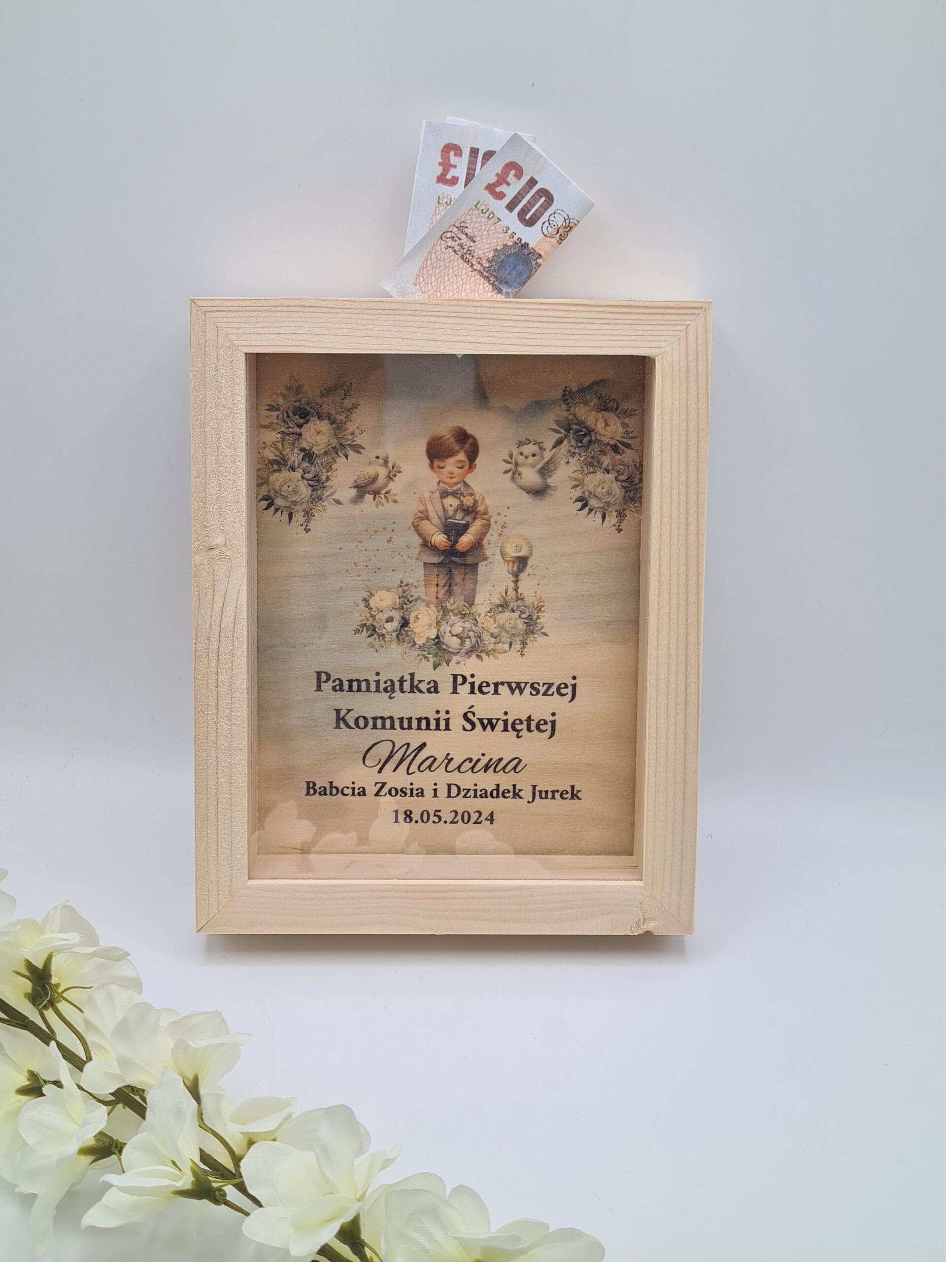 Pamiątka Pierwszej Komunii Świętej skarbonka dla chlopca