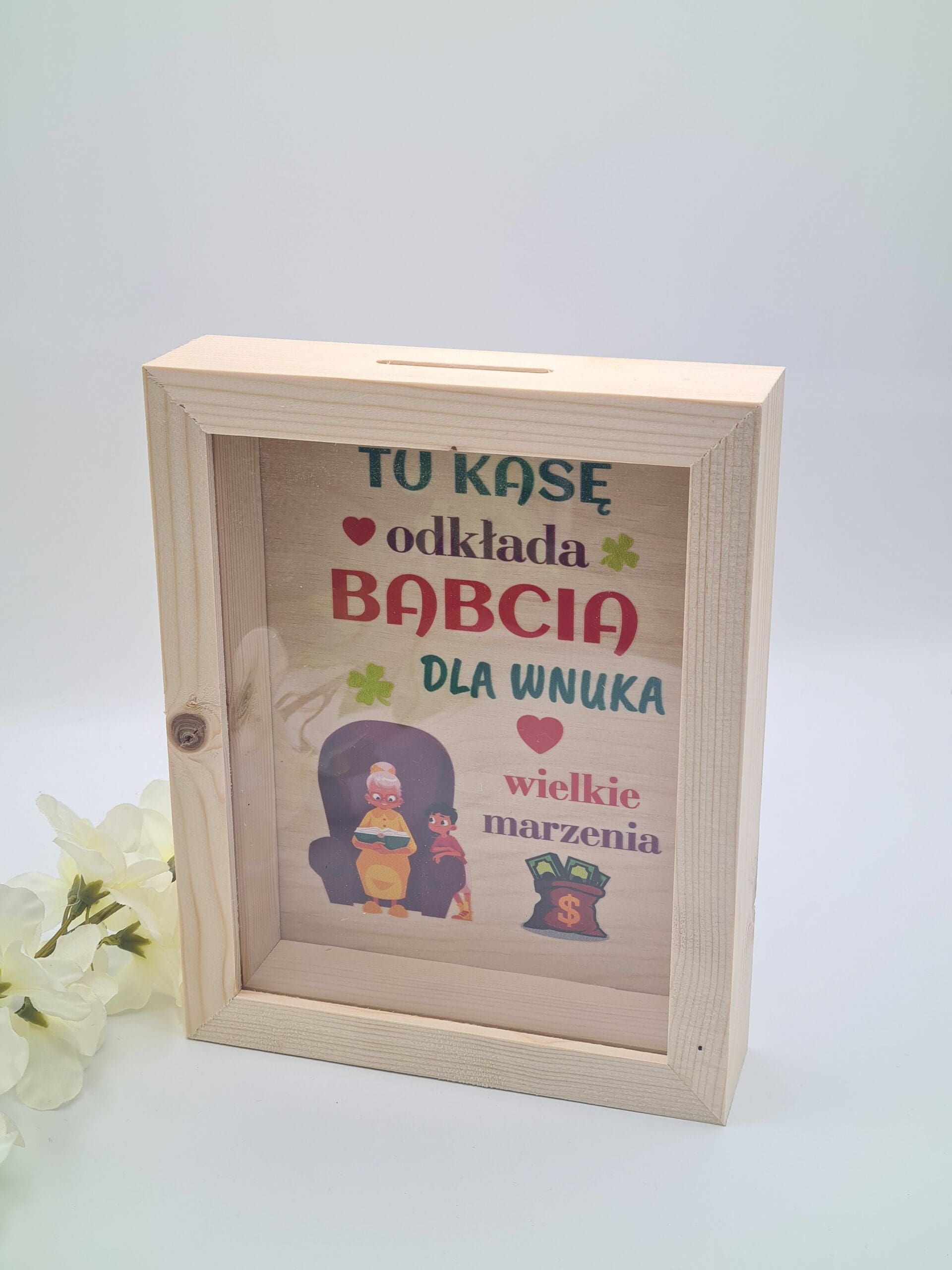 Skarbonka 3D drewniana z szybką Prezent dla Babci